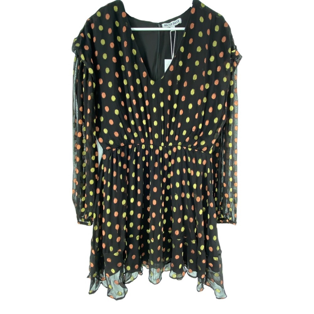 Walter Baker Erin Dress Metallic Polka Dots Black/Gold/Copper Women's Size L NWT